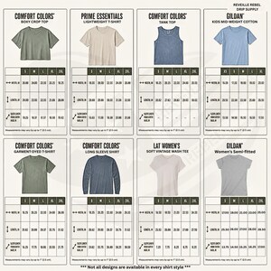 Op de afbeelding: Een maattabel voor diverse kledingstijlen, waaronder boxy crop tops, t-shirts, tanktops en shirts met lange mouwen. Elk gedeelte toont een illustratie, merknaam en een tabel met breedte, lengte en mouwlengte in inches.