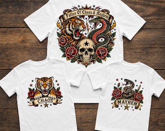 Father of Chaos & Mayhem Shirt Set: Funny Matching Dad and Kid Tees, Tattoo Style Tiger Snake Graphic, Fathers Day Gift, Cool Dad Shirt,