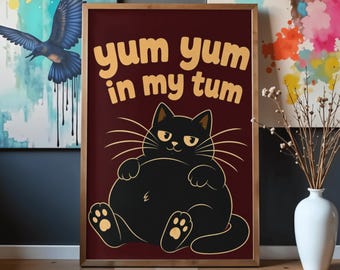 お腹いっぱいおいしい猫のポスター｜面白い猫のウォールアート｜黒猫のプリント｜猫好きへのギフト｜かわいいペットの装飾｜ユーモラスな猫のイラスト