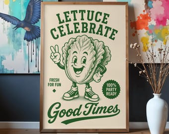 レタスお祝いポスター｜おもしろいキッチンウォールアート｜野菜のダジャレプリント｜レトロな食べ物ポスター｜ヘルシーフードデコレーション