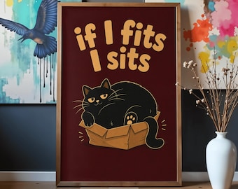 ぴったり収まったら座る猫のポスター｜面白い猫のウォールアート｜黒猫のプリント｜猫好きへのギフト｜レトロなペット用品｜ユーモラスな猫のイラスト