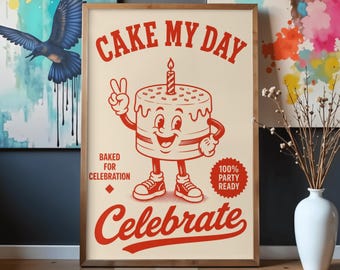 Cake My Day ポスター | 面白いキッチンウォールアート | ケーキのダジャレプリント | レトロなフードポスター | パン屋さんへのギフト | 誕生日デコレーション | カフェアート