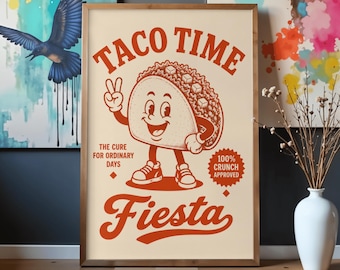 タコタイムフィエスタポスター｜面白いタコスのウォールアート｜メキシコ料理プリント｜タコス好きへのギフト｜キッチン装飾｜レトロなフードポスター