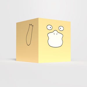 Puede incluir: Un cubo amarillo con una cara de pato de dibujos animados, ojos grandes y un pico blanco. Un contorno negro de una pata de pato está en el lateral. El cubo está sobre un fondo blanco.