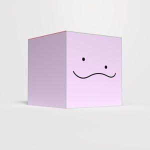 Puede incluir: Un cubo de color lila claro con un diseño minimalista. El cubo presenta una cara simple con dos puntos negros para los ojos y una línea curva para la boca. El borde superior tiene un acento rojo.