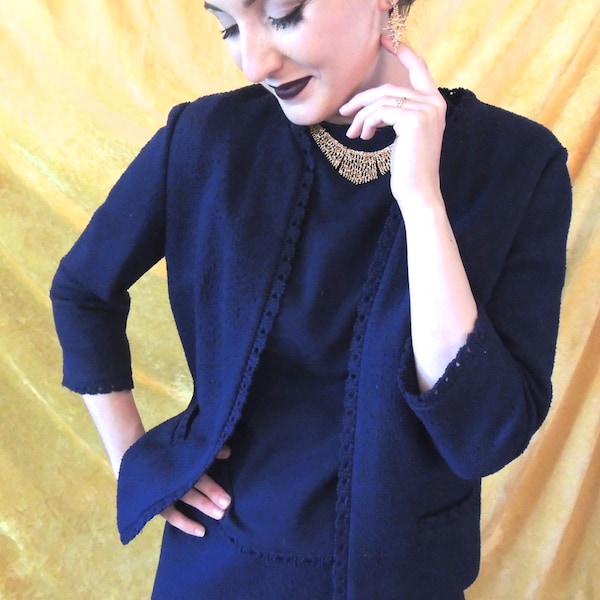 50s Elegant 3-Piece Butte Wool Suit with Crocheted Trim, Tank Top, Jacket, Slim Skirt