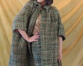 60s Heavy Mohair Swing Suit Couture Designer Alberto of Paris Swing Jacket Pencil Skirt Leather Trim Bracelet Sleeves Green Gold Vintage