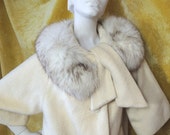 RESERVED Lilli Ann Mohair Coat EXCELLENTHuge Fox Collar Vintage 1950s Bracelet Sleeves Tie Fur Collar White Cream 50s