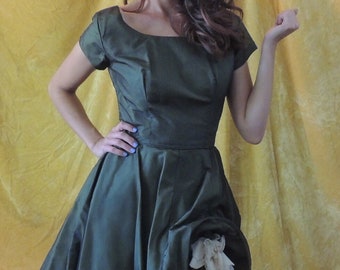 Fab 50s Cocktail Dress/Tight Pencil Skirt Under Flared Bubble/Large Side Faux Flower/Forest Green/1950s Party Dress/Vintage Cocktail Dress