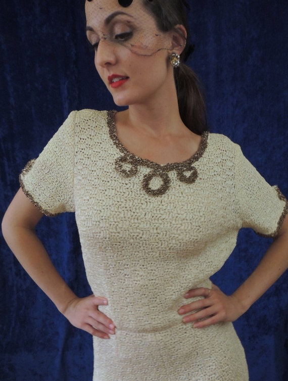 50s Knit Wiggle Dress with Metallic Beading/Midi W