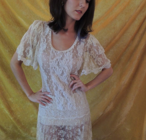 Antique Sheer Lace Dress/Tea Length/Vintage Sheer… - image 4