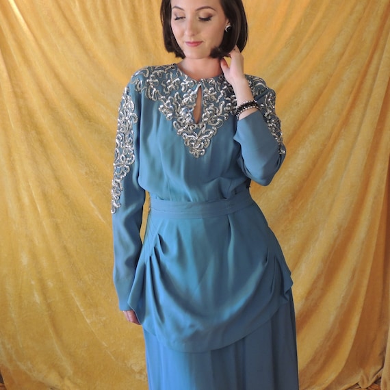 30s Crepe Dress with Silver Sequins/Art Deco Blue… - image 2