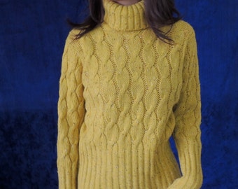 Authentic Beatnik-Hippie Flecked,Cable Knit Turtleneck/Late 50s/60s Yellow Heavy Wool/Hippie "Back to Nature" or Beatnik/Vintage