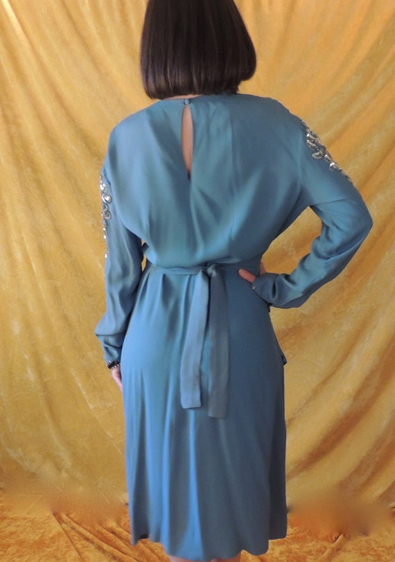 30s Crepe Dress with Silver Sequins/Art Deco Blue… - image 6