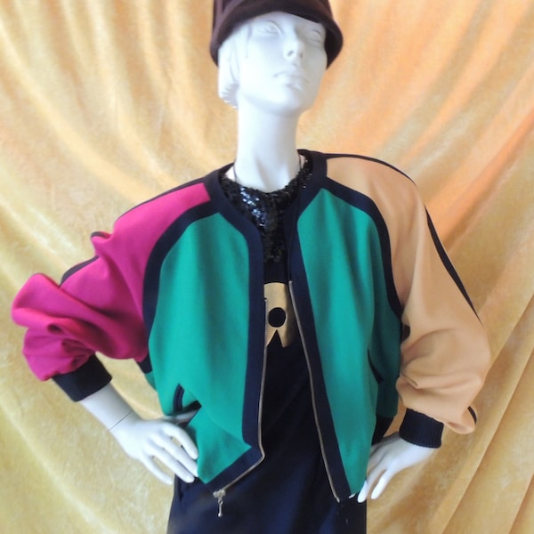 Vintage Lilli Ann Color Blocked 80s Bomber Jacket/Colorful Crepe