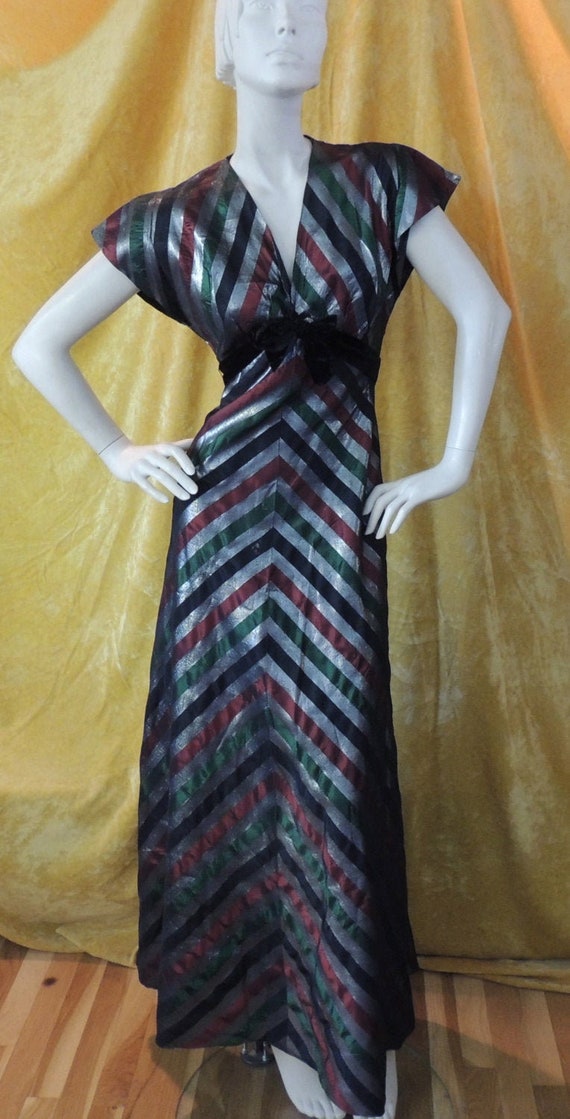 Authentic 30s Art Deco Gown/keyhole Back/chevron Striped/ Metallic