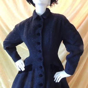 Lilli Ann Black Princess Velvet Wool Coat/EXCELLENT/1950s Princess Coat with Wide Skirt/All Original Velvet Details/50s/Beautiful image 1