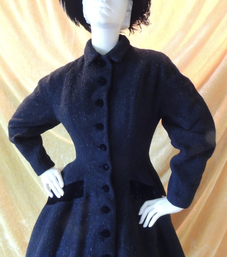 Lilli Ann Black Princess Velvet Wool Coat/EXCELLENT/1950s Princess Coat with Wide Skirt/All Original Velvet Details/50s/Beautiful image 1