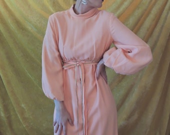 For A Groovy Lady/Mod 1960s/Luxuriously Elegant/Heavy Peach Crepe Gown/Vintage 60s Emma Domb Dress/Long/Empire Waist/Poet Sleeves/Gold