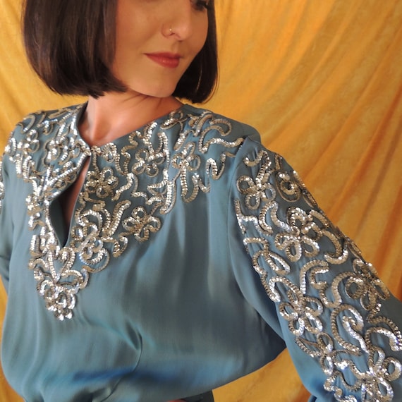 30s Crepe Dress with Silver Sequins/Art Deco Blue… - image 3