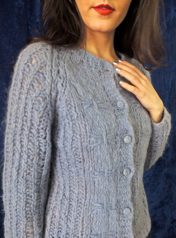 Periwinkle Cable Knit with Ribbon Design Mohair Ca