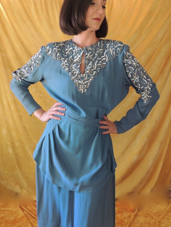 30s Crepe Dress with Silver Sequins/Art Deco Blue… - image 7