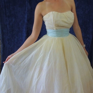 50s Baby Blue, White Prom Dress with Gold Flecks