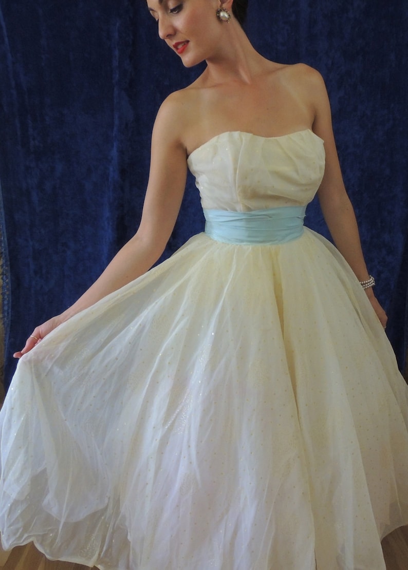 50s Baby Blue, White Prom Dress/Gold Flecks/Very Full Skirt/Med/26' W/Wedding/Vintage 1950s Chiffon, Tulle, Satin//Tea Length 