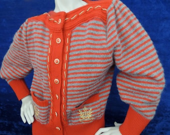 Angora Striped Cardigan/Nautical Military Flair/Red Gray/Gold Cording/Gold Emblem/Buttons/Soft Vintage Angora Sweater/Orange Red/1980s/80s