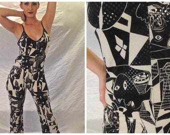Picasso Guernica Jumpsuit/Diseñador/High End/Stretchy/Selentejuelas/Piernas Acampanadas/Blanco Negro/Pull On/Romper