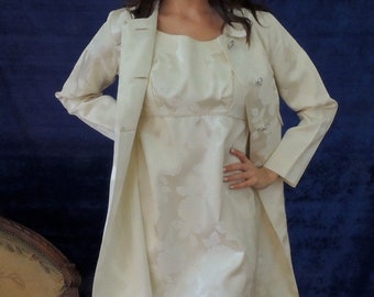 Vestido y abrigo Mod Brocade de los años 60/Traje de princesa corto completamente forrado/Boda vintage de los años 60/Sin mangas/Mini vestido/Imperio