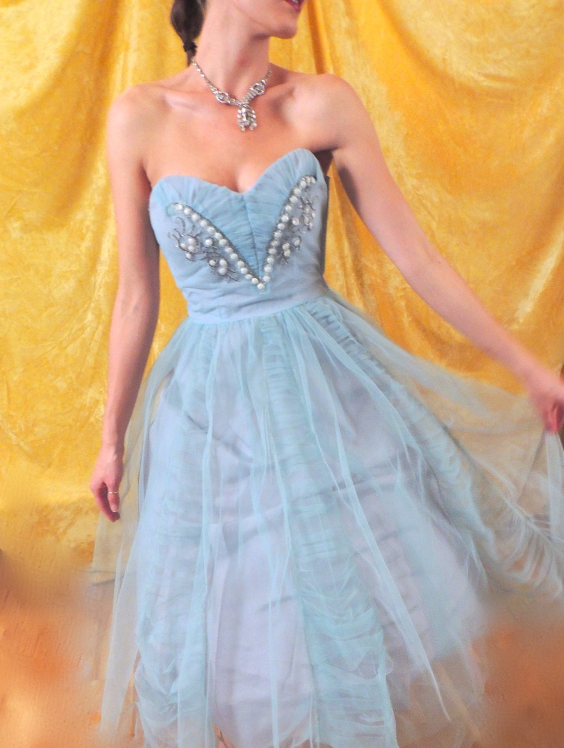 Beaded Baby Blue 50s Prom Dress/tea Length/heavily Beaded Beaded Baby Blue 50s Prom Dress/tea Length/heavily Beaded