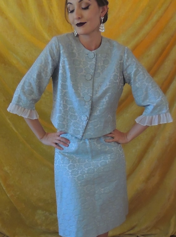 Baby Blue Brocade Vintage 50s or 60s Suit with Ruf