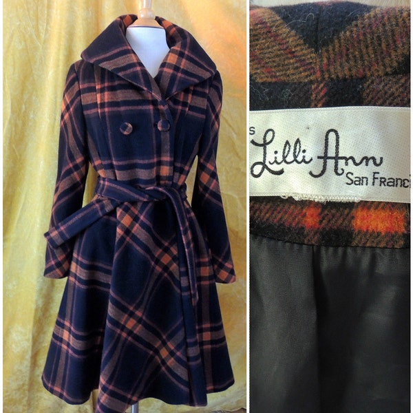RESERVED PLAID PRINCESS Lilli Ann Coat/Vintage 50S Full Skirt Coat/1950s New Look/ Black Orange Red Wool/Circle Skirt/Belted