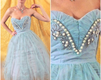 Beaded Baby Blue 50s Prom Dress/Tea Length/Heavily Beaded/True Vintage/26" W/Light Blue Dress/Strapless/Full Tulle Skirt/1950s