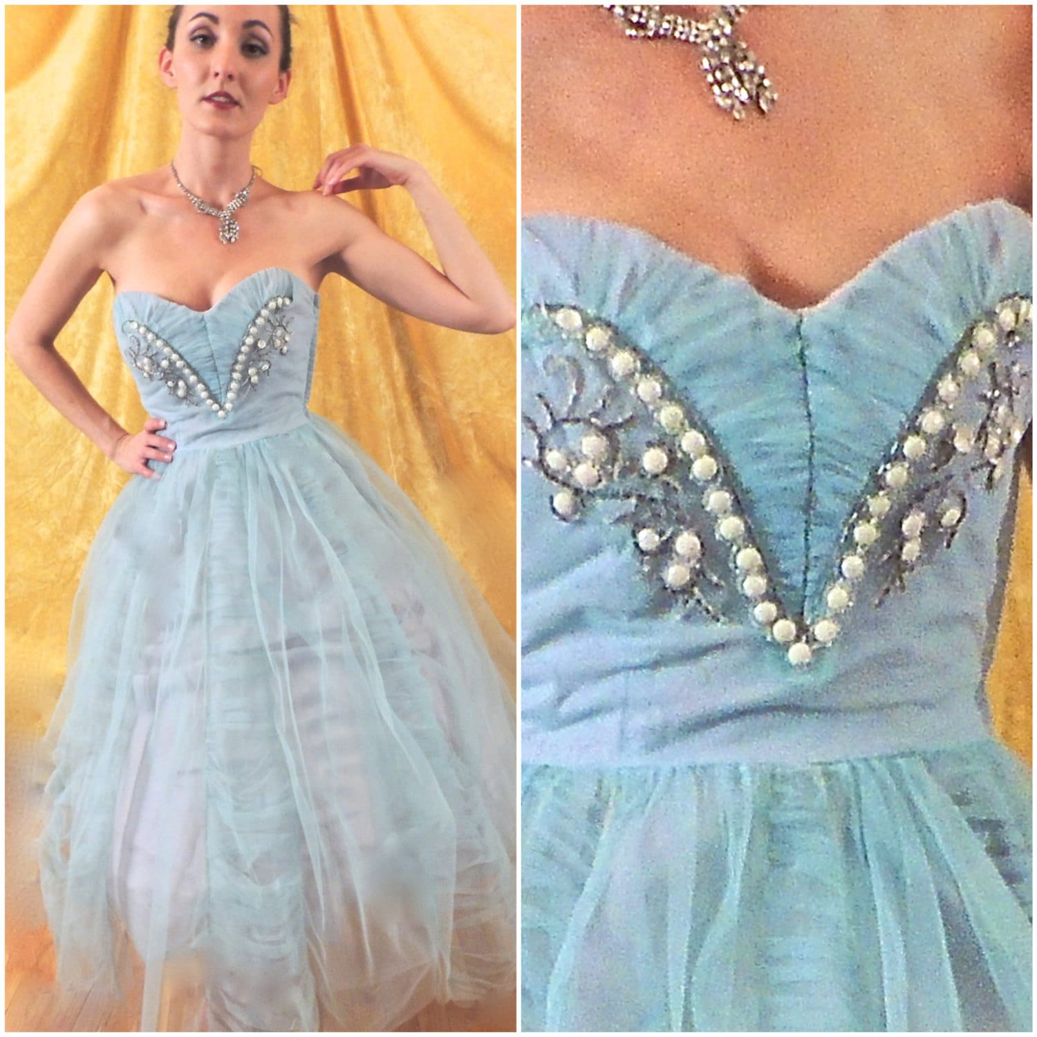 Beaded Baby Blue 50s Prom Dress/tea Length/heavily Beaded Beaded Baby Blue 50s Prom Dress/tea Length/heavily Beaded