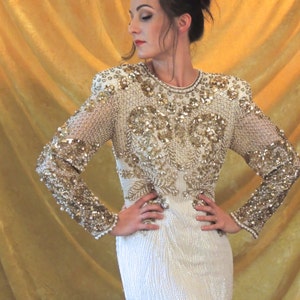 ON LAYAWAY/ Do Not Purchase/Lavishly Beaded Gold White Evening Gown/Sheer Silk Bodice/Pearls/Sequins/Long Sleeves/Fitted/Formal Dress