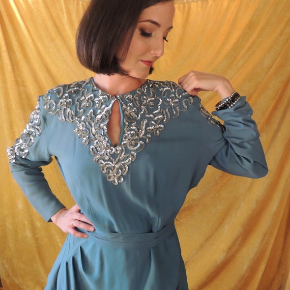 30s Crepe Dress with Silver Sequins/Art Deco Blue… - image 5