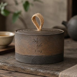 Puede incluir: Una tetera cilíndrica de cerámica marrón oscuro con tapa y asa de yute. La tetera presenta un diseño de bambú y la palabra "Jing". La base tiene un diseño texturizado y acanalado. Para guardar té.
