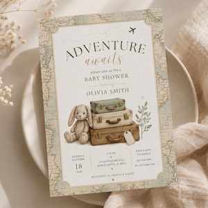 Inbjudan till babyshower med vintage-motiv, redigerbar mall för resetema (digital nedladdning)
