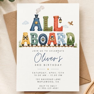 May include: A rectangular invitation card featuring the text ALL ABOARD in colorful, train-themed letters. Below, it reads JOIN US TO CELEBRATE, Oliver's 3RD BIRTHDAY, SATURDAY, APRIL 12TH, 10:00 AM - 12:00 PM, 123 RAILROAD LANE, MAPLEWOOD, CA, RSVP TO EMILY AT 555-123-4567.