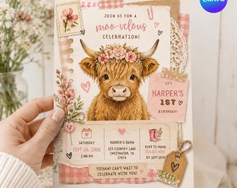 Pink First Birthday Farm Girl Highland Cow Digital Invitation Template Vintage Scrapbook Style (Canva)