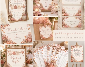 Bewerkbaar 'Falling In Love' babyshowerpakket met herfstdecoratie, babyshowerspelletjes en decoraties voor een meisjesbabyshower (digitale sjablonen).