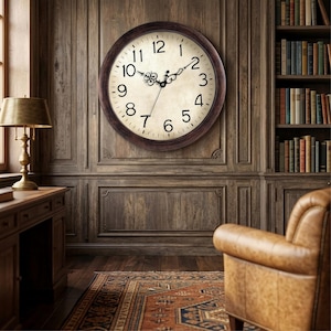 Puede incluir: Un reloj de pared grande y redondo con un marco de madera marrón oscuro. La esfera del reloj es blanquecina con números y manecillas negras. El reloj está montado en una pared con paneles de madera, creando una estética clásica y vintage.