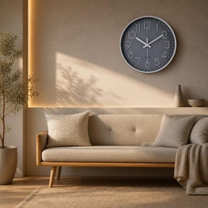 May include: A modern living room scene featuring a gray wall clock with white hands and numerals. The clock is mounted above a beige sofa with decorative pillows and a throw blanket. A potted plant and rug complete the neutral-toned decor.