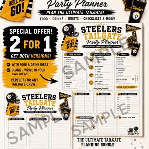 Könnte beinhalten: Ein Steelers Tailgate Partyplaner-Set mit Checklisten für Essen, Getränke und Gäste. Das Design umfasst ein schwarz-gelbes Farbschema mit Football-Grafiken, einem Helm, einem Schaumstofffinger und Text wie Steelers Tailgate Party Planner.