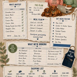 May include: A Father's Day family get together meal and shopping list planner featuring sections for guest lists, meal plans, gift ideas, and a comprehensive shopping list. The design includes illustrations of two people, two dogs, and a blue apron.