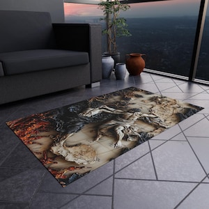 May include: Rectangular area rug featuring a classical art design with a map and a sculpture. The rug has a detailed, textured appearance with a color palette of brown, black, and beige. The rug is placed on a tiled floor near a dark gray sofa.
