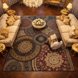 Op de afbeelding: Een luchtfoto van een woonkamer met een patroonkleed in bordeaux, marineblauw en goud. Twee beige banken met gouden kussens flankeren het kleed. Een persoon leest een boek op het kleed. Het kleed heeft een cirkelvormig ontwerp.