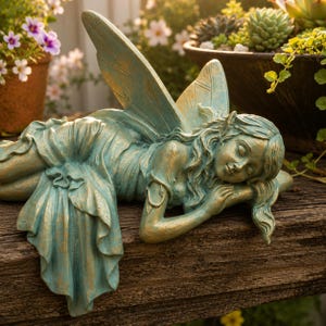 Sleeping Fairy Statue, Bronze Finish Resin Garden Figurine, Whimsical Outdoor Fairy Ornament, Fairy Lover Gift for Yard, Patio & Shelf Decor
